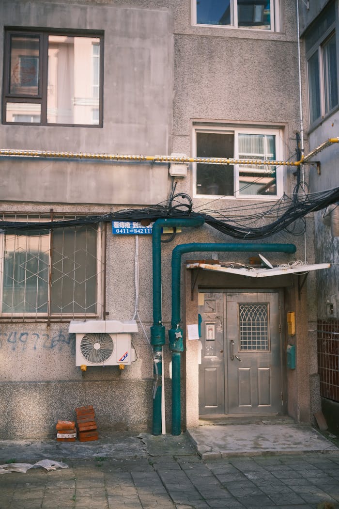 why-choose-us Building exterior showcasing various utility connections and air conditioning unit.