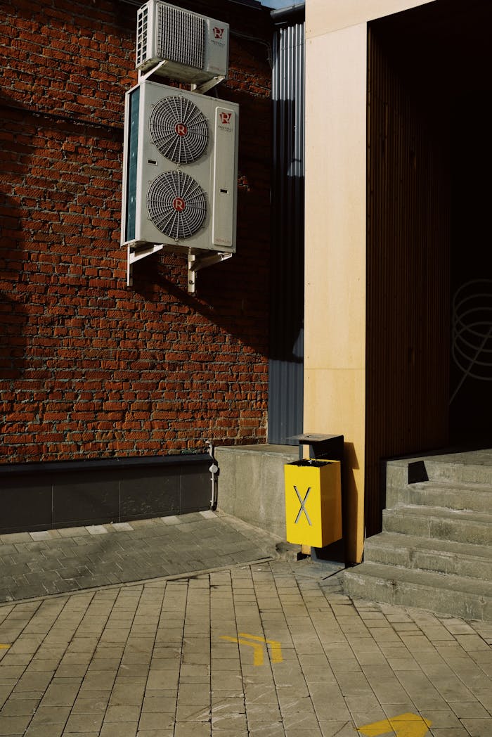 team-02 Modern exterior with HVAC units on a brick wall and a yellow waste bin near stairs.